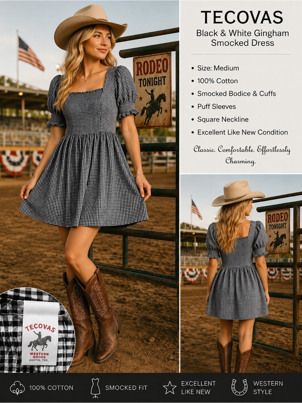 Tecovas Black White Gingham Smocked Puff Sleeve Dress Medium Western